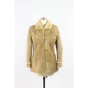 Vintage 70's Tan Genuine Sheepskin Suede Leather Shearling Ranch Coat, Size 6/XS